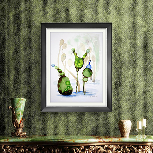 oryginal watercolor surrealistic Marta Konieczny modern 40x30 cm best gallery beautiful  for women  for gift  for modern interior  best decoration for loft  green  botanic  organic  plants  fantastic  flovers  green